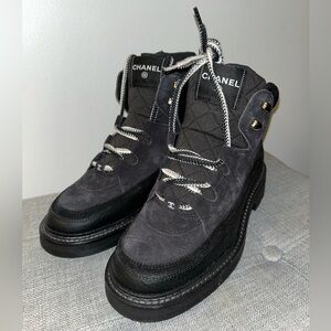 CHANEL Suede Grained Calfskin CC Lace Up Boots Size 38